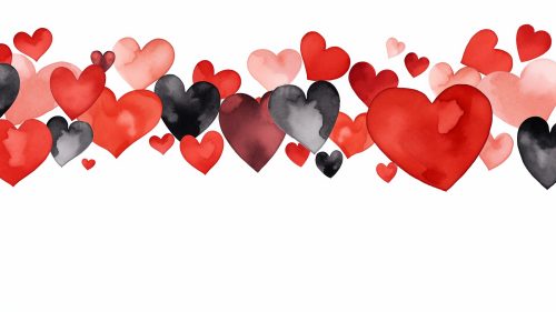 watercolor border red and black hearts isolated